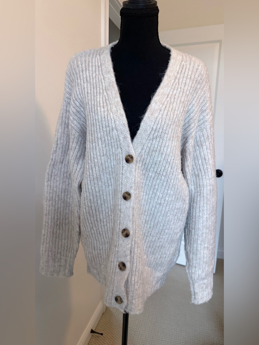 Soft Ribbed V-Neck Button Cardigan - Light Beige